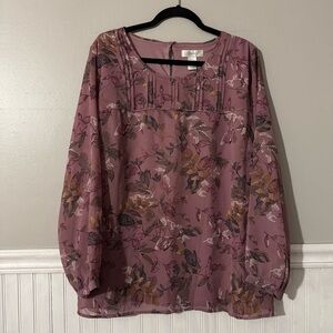 CJ Banks Long Sleeve Plum Floral Leaves Blouse 2XL (20/22) NWT